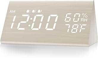 Digital Alarm Clock, with Wooden Electronic LED Time Display, 3 Alarm Settings, Humidity & Temperature Detect, Wood Made Electric Clocks for Bedroom, Bedside (White)