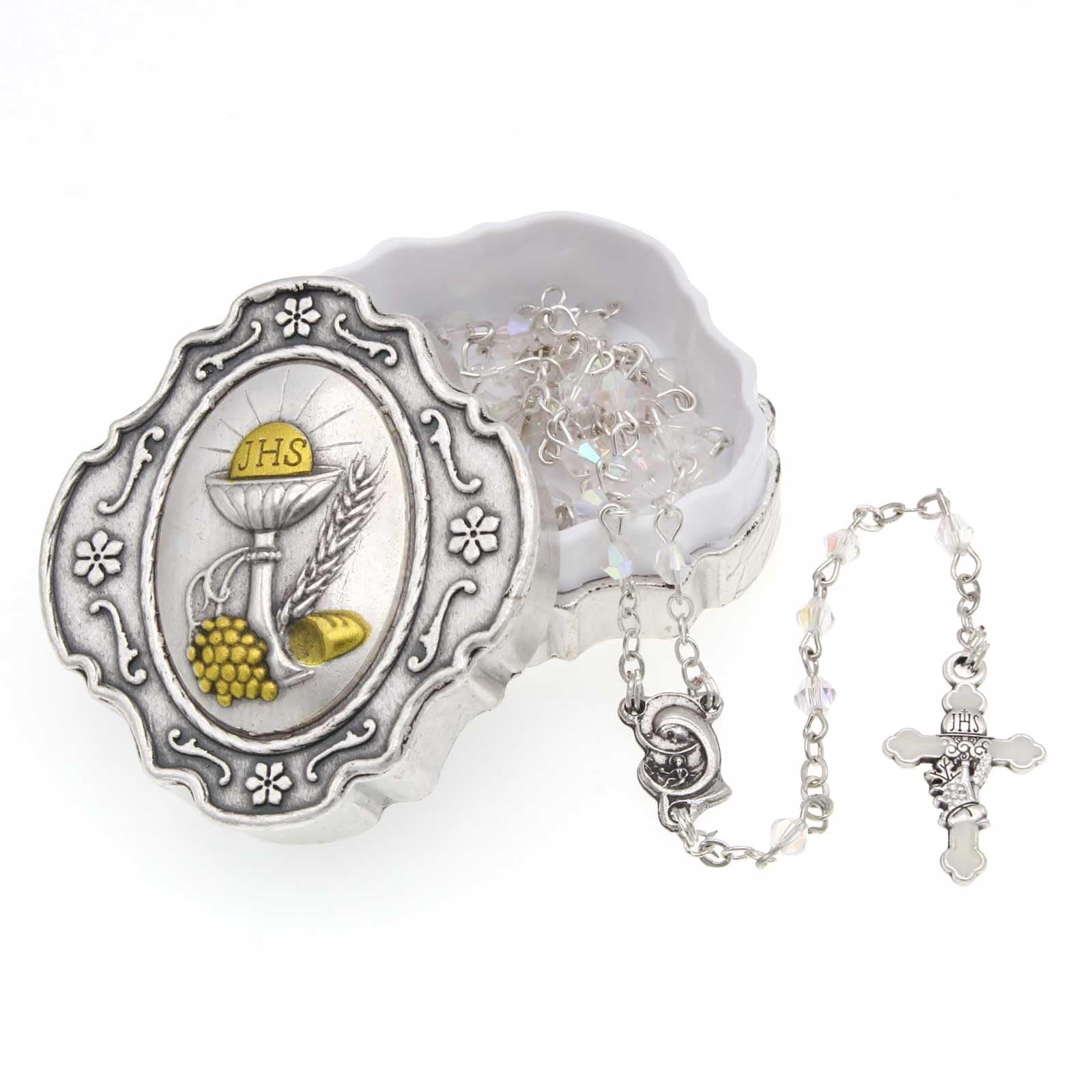 Catholic Rosary Beads with Metal Keepsake Gift Box Set