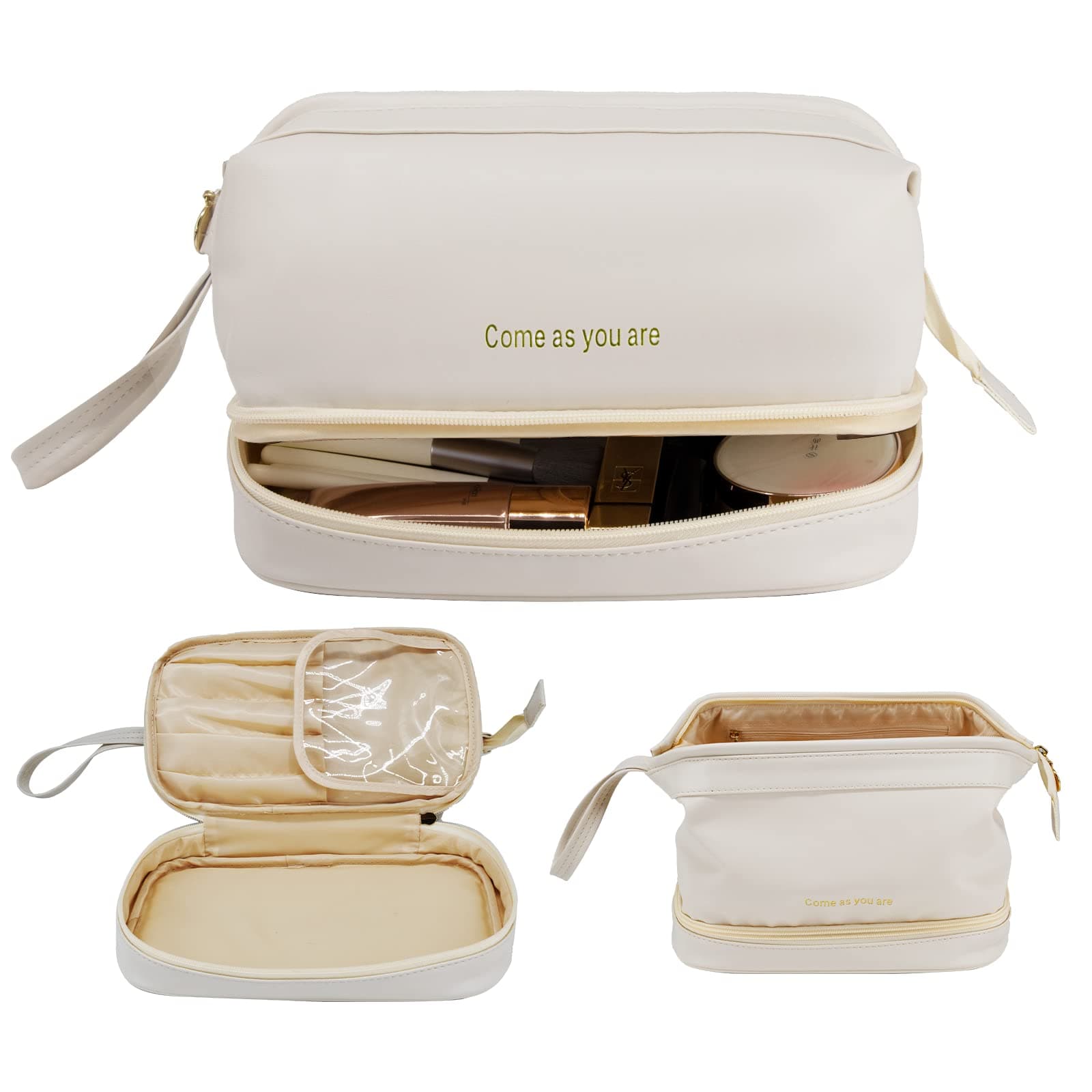 Large Makeup Bag, Double Layer Cosmetic Bag, PU Leather Makeup Bag for Travel Portable Roomy Cosmetic Bag for Foundation Lipsticks Perfume Eye Shadow Makeup Brush Women White