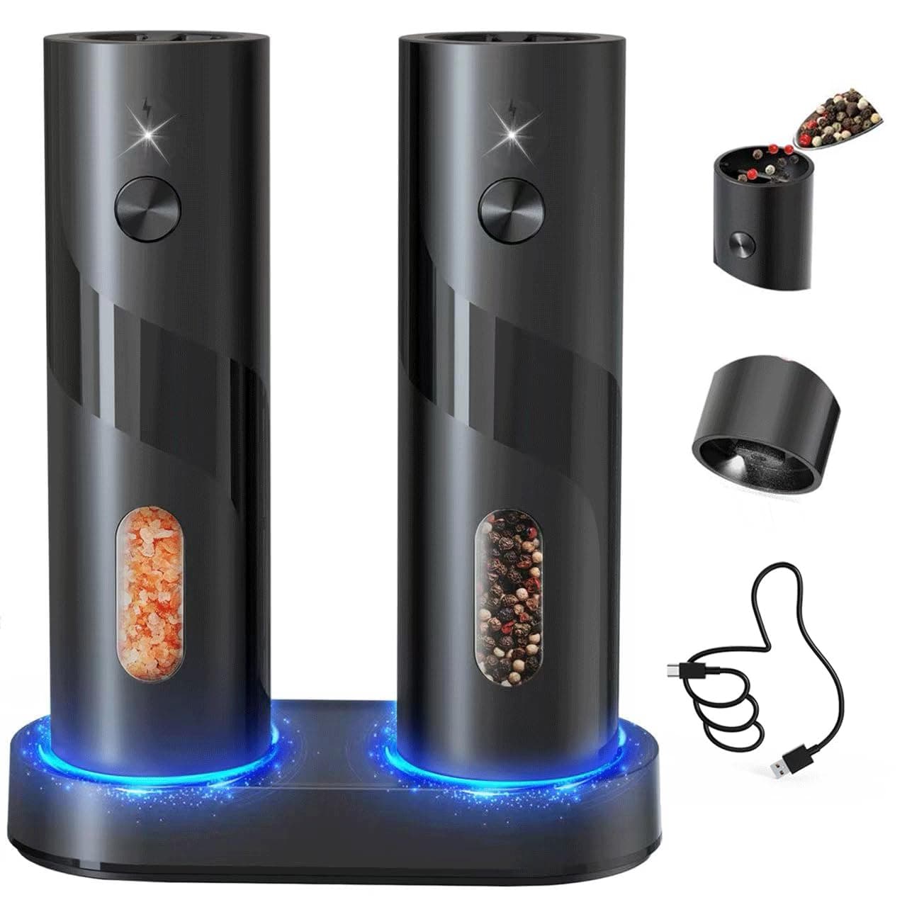 Electric Rechargeable Salt and Pepper Grinder Set Top-Refill Automatic Pepper Mill Grinder with Charging Base, Adjustable Coarseness, Easy Filling Larger Capacity with Led for Home Kitchen