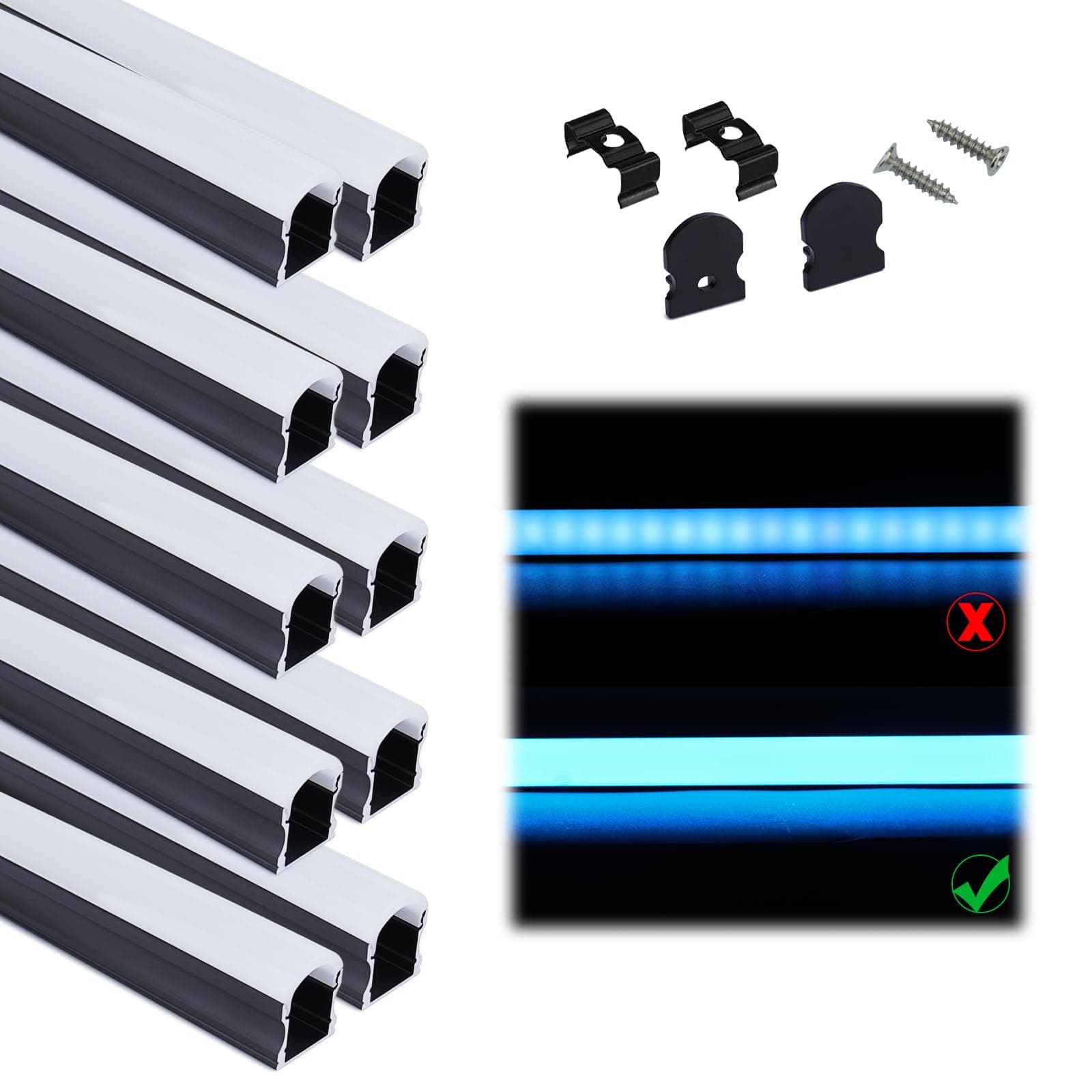 10Pack 3.3FT/1M Excellent Spotless LED Channel System with Milky White Cover Black Aluminum U Shape LED Strip Diffuser Channel U108 BW 1M