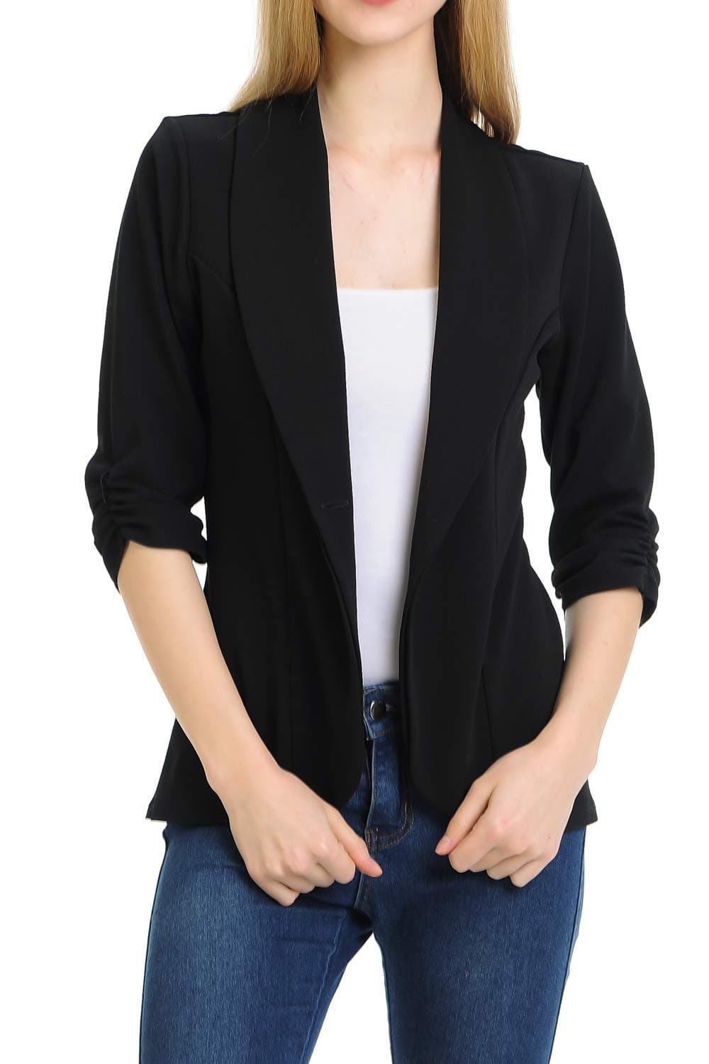 Women's 3/4 Ruched Sleeve Lightweight Work Office Blazer Jacket (S-3XL)