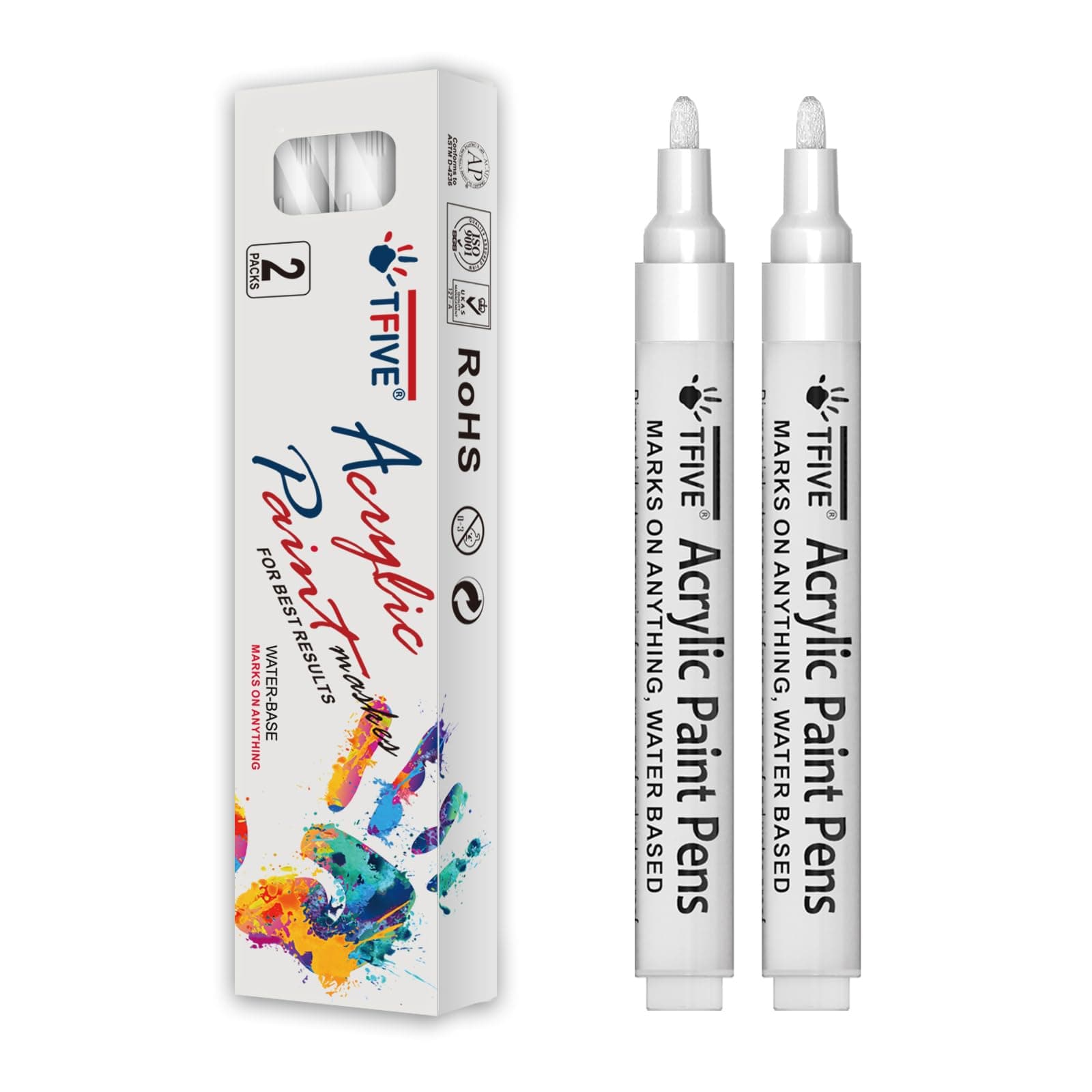 TFIVE White Paint Marker Pens - 2 Pack Acrylic Permanent Marker, 2-3mm Medium Tip, Paint Pen for Art Projects, Drawing, Rock Painting, Ceramic, Glass, Wood, Plastic, Metal, Canvas DIY Crafts