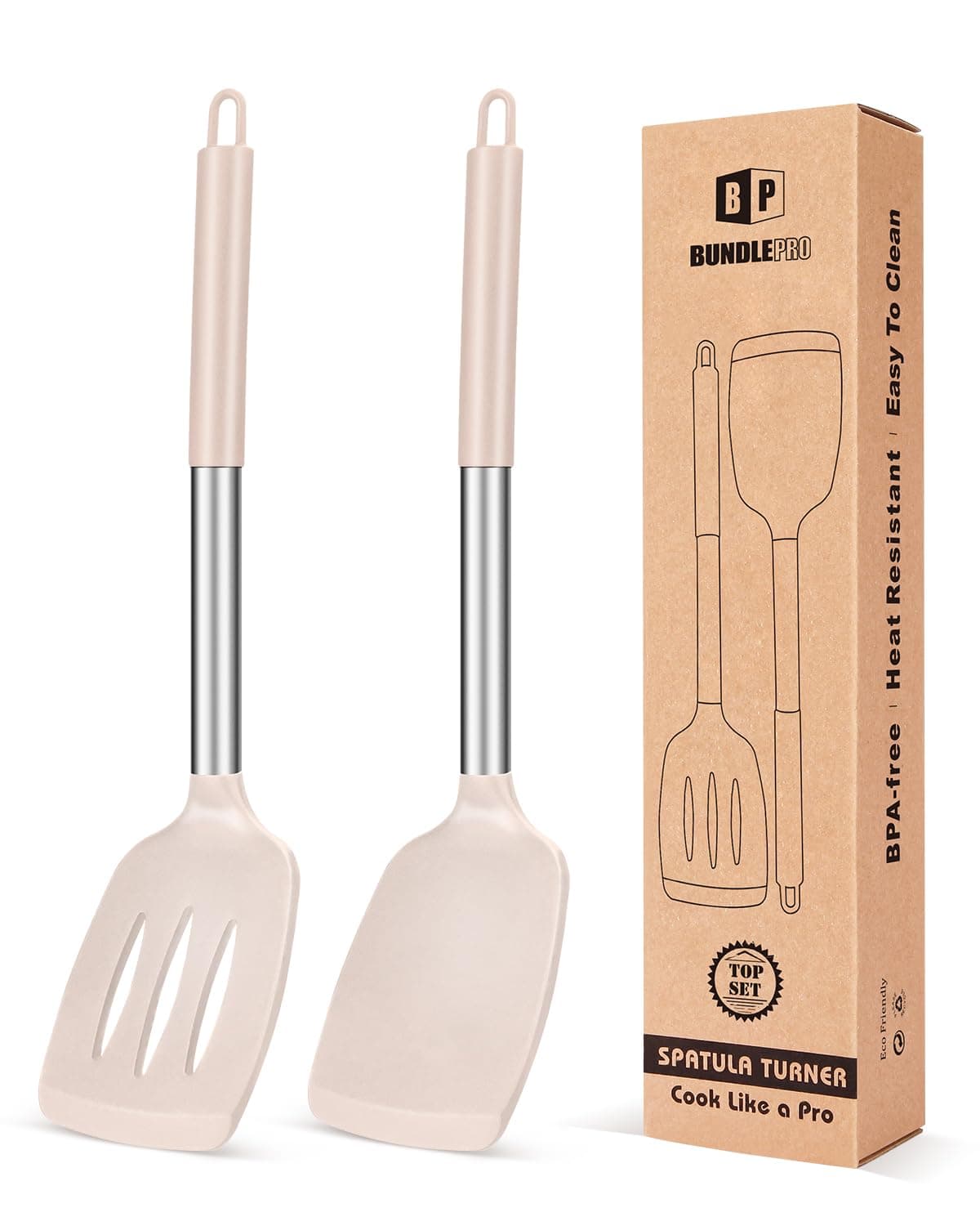 – Pack of 2 Silicone Solid Turner,Non Stick Slotted Kitchen Spatulas,High Heat Resistant BPA Free Cooking Utensils,Ideal Cookware for Fish,Eggs,Pancakes (Stainless Steel Khaki)