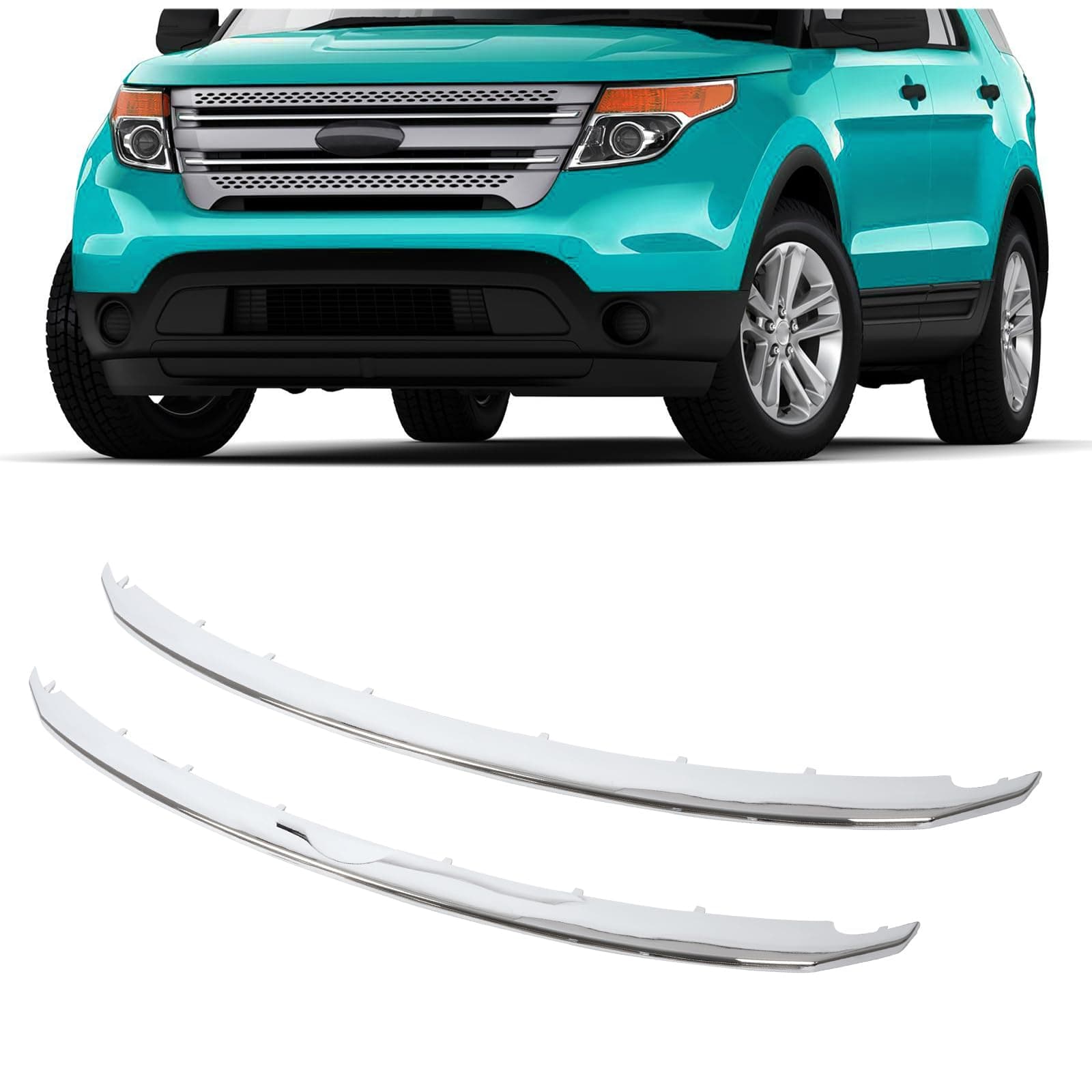 KUAFU Front Upper + Lower Grille Trim Compatible with 2011-2015 Ford Explorer Replacement for BB5Z-8200-AA BB5Z-8200-BA FO1216107 FO1217105 Grill Trim Silvery Chrome Plastic(ABS)