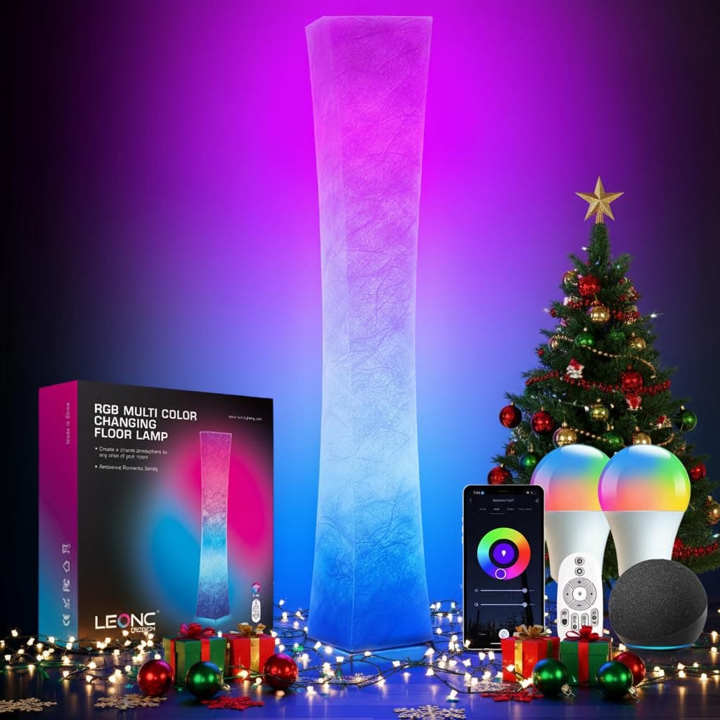LEONC Floor Lamp with Remote, Tuya Smart 9w×2 Bulbs Included, 65" Smart Modern Floor Lamp with Alexa, Music Sync and 16 Million DIY Colors, RGB Color Changing Standing Lamp for Bedroom Living Room