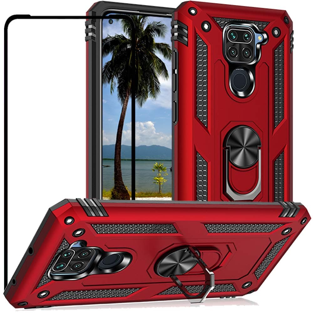 DuoLide for Xiaomi Redmi Note 9 Case with Tempered Glass Screen Protector,Hybrid Heavy Duty Dual Layer Anti-Scratch Shockproof Defender Kickstand Case Cover, Red
