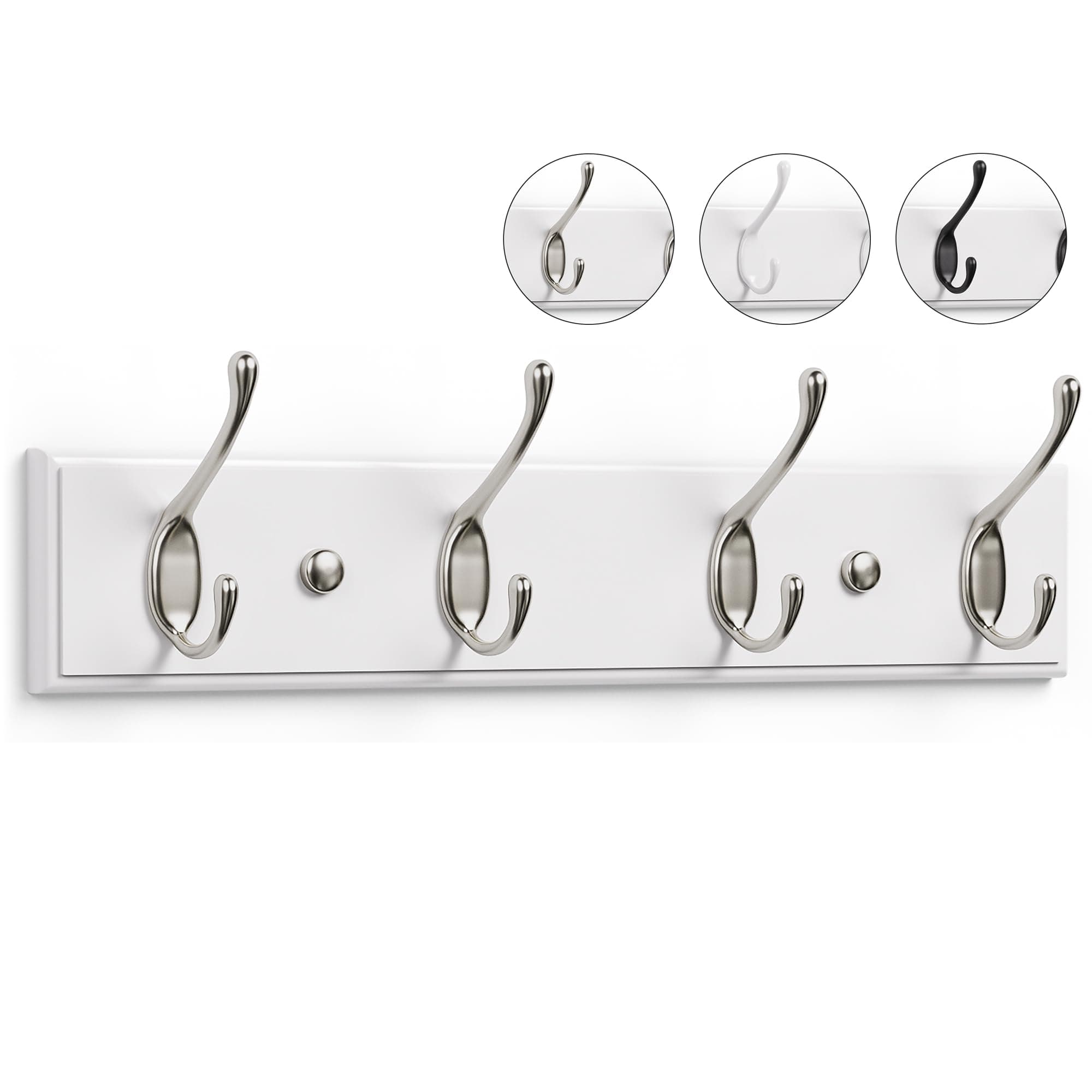 LARHN White Coat Hooks Wall Mounted Coat Rack - 4 Matt-Nickel Wall Hooks - 42 cm - All Fixings Included for Quick & Easy Installation