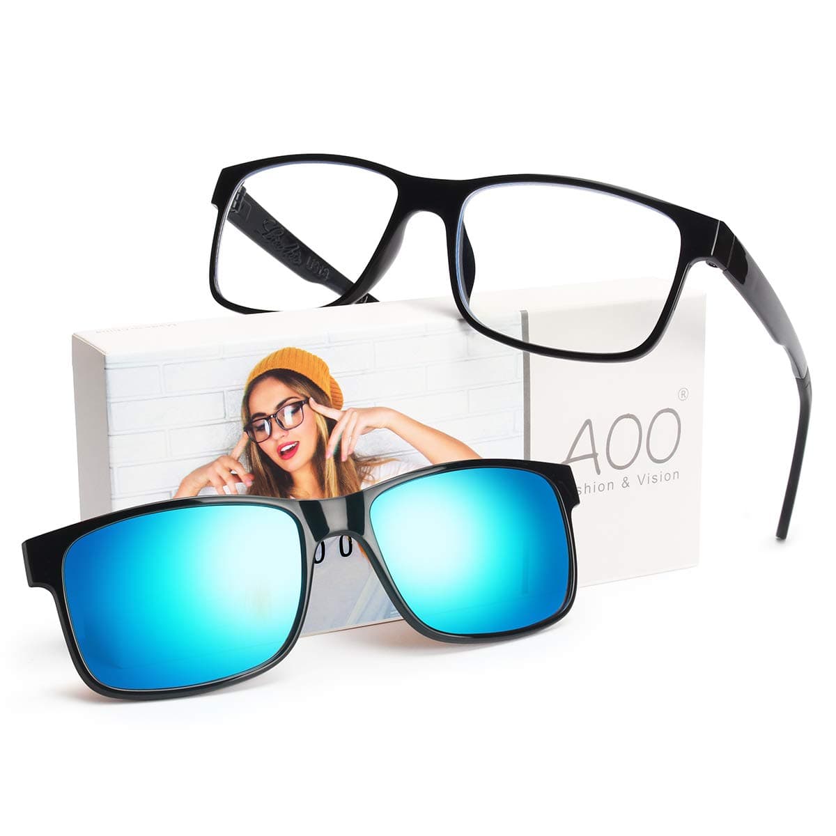 AOO [2 in 1 Set] Blue Light Blocking Glasses with Magnetic Polarized Sunglasses Clip on, Lightweight Computer Glasses for Women Men，Anti Eyestrain Filter Blue Light Glasses with UV Protection…
