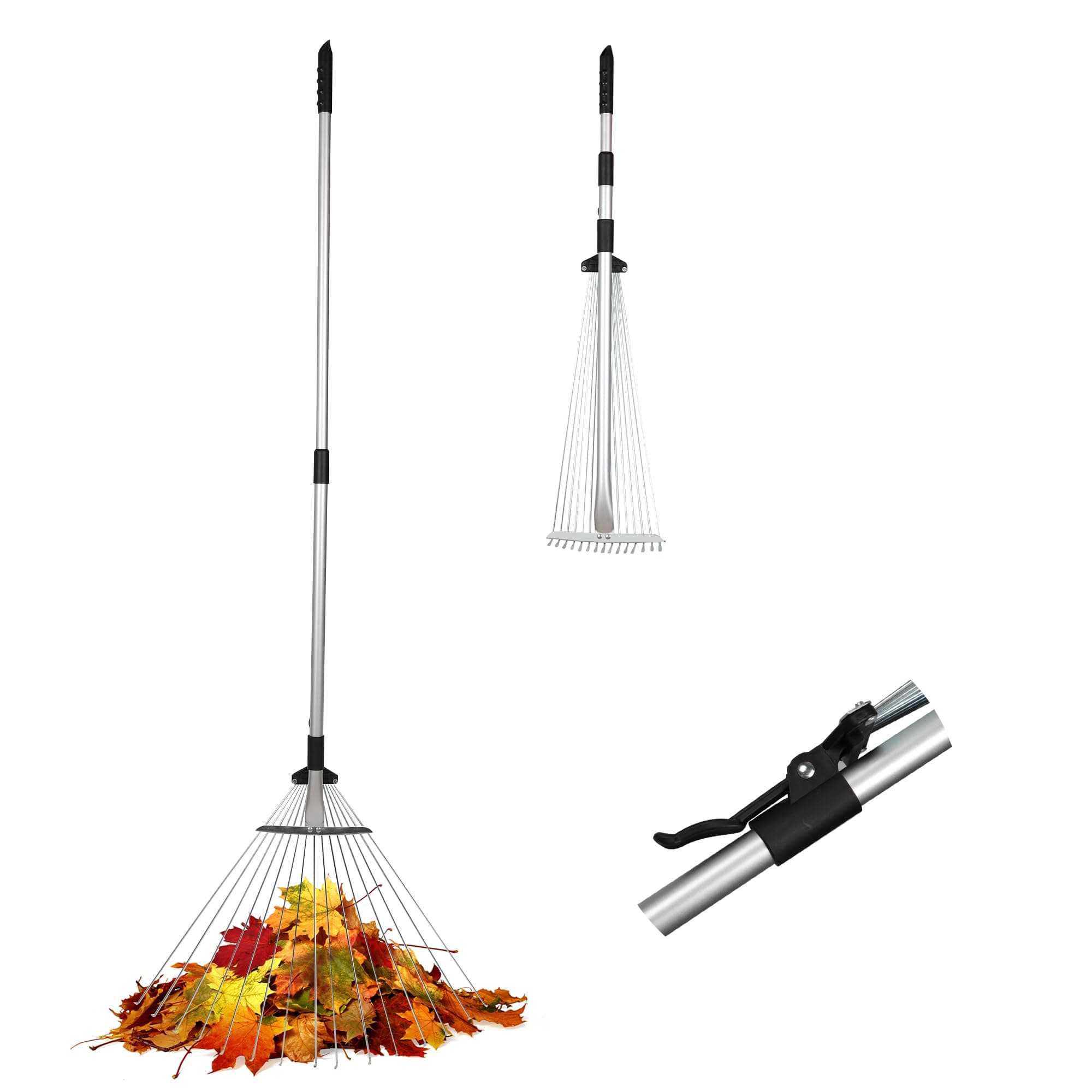 ORIENTOOLSTelescopic Garden Rake, 19-52 cm Adjustable Rake Head, 82-160 cm Telescopic Handle, Leaf Rake, Fan Rake with 15 Prongs, Leaf Rake with Handle for Cleaning Plants, Lawn and Yard