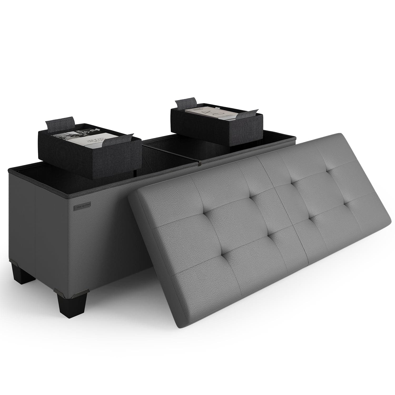 STORAGEBUD Storage Ottoman Bench with Bins, 43-in Storage Bench for Bedroom End of Bed, Folding Foot Rest Ottoman for Living Room Max 660lbs, Faux Leather Ottomans, Grey