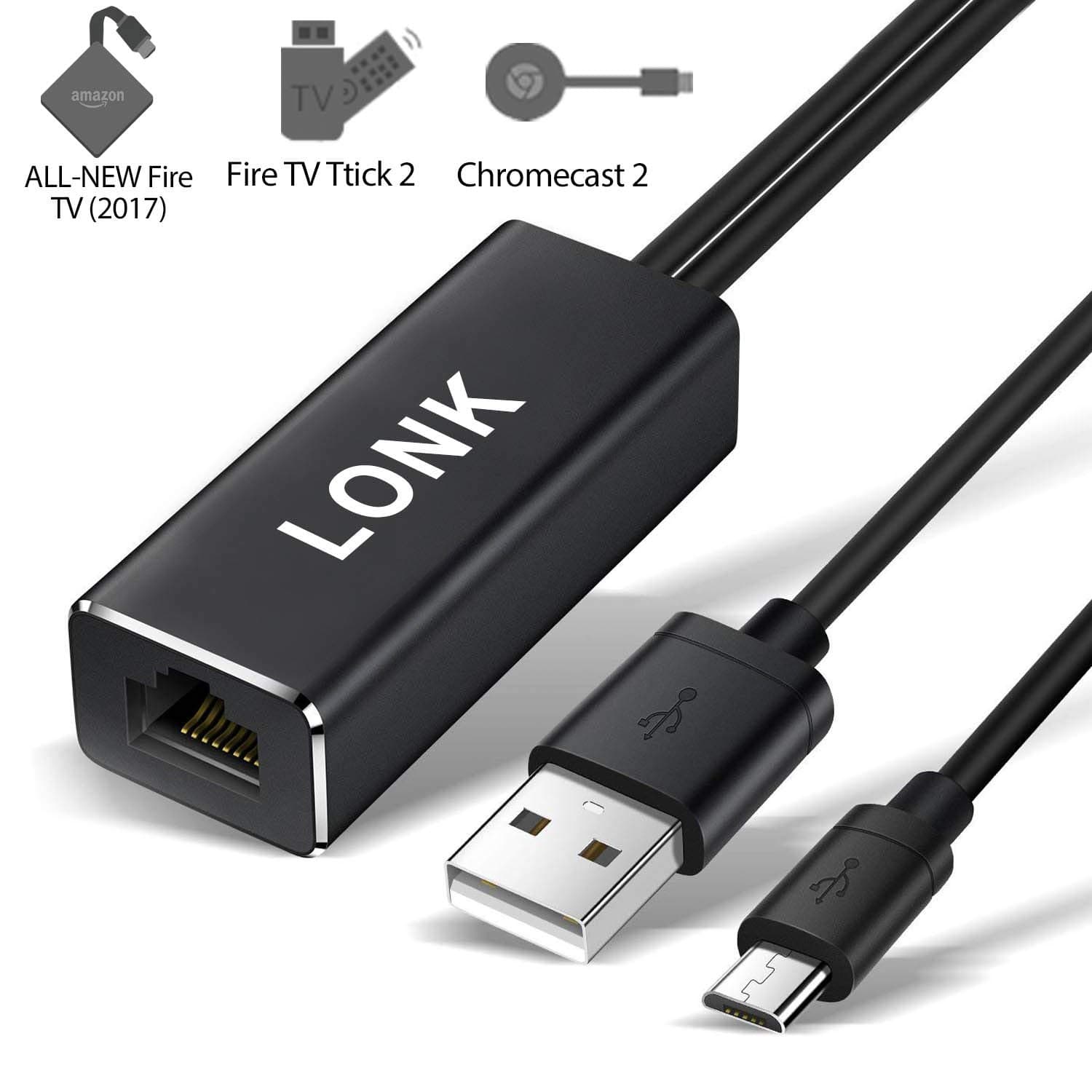 LONK Ethernet Adapter Compatible for Fire TV Stick GEN 2 Fire TV GEN 3 Fire TV 2017 Chromecast Ultra/2/1/Audio, Fast RJ45 Ethernet 100mbps Network Adapter with Aluminum Shell USB Power Cable 3.3 FT