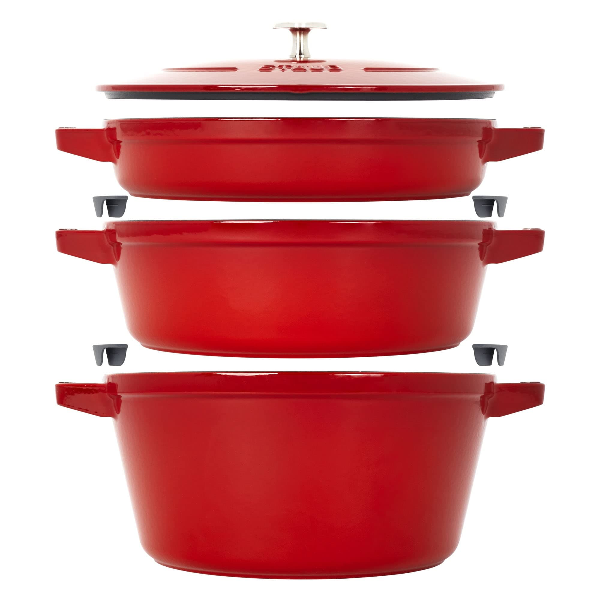 Cast Iron Set 4-pc, Stackable Space-Saving Cookware Set, Dutch Oven, Skillet, Grill Pan with Universal Lid, Made in France, Cherry