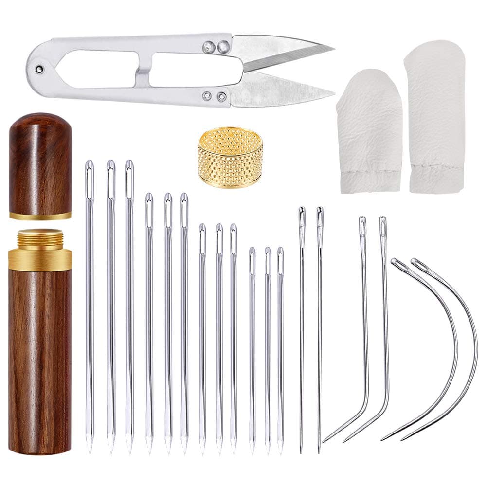 23 Pcs Sewing Needles Set, 18 Pcs Leather Needles Including Triangle Stitching Needles, Curved Needles and C-Type Needles, Scissor, Thimble for Leather Sewing Hand Stitching