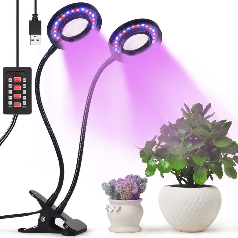 LED Plant Light, Timer Function (Auto On/Off) 18W (9W*2) Dual Head Horticultural Growing Lamps with 360 Degree Adjustable Gooseneck for Indoor Plants Greenhouse Hydroponics Gardening Office