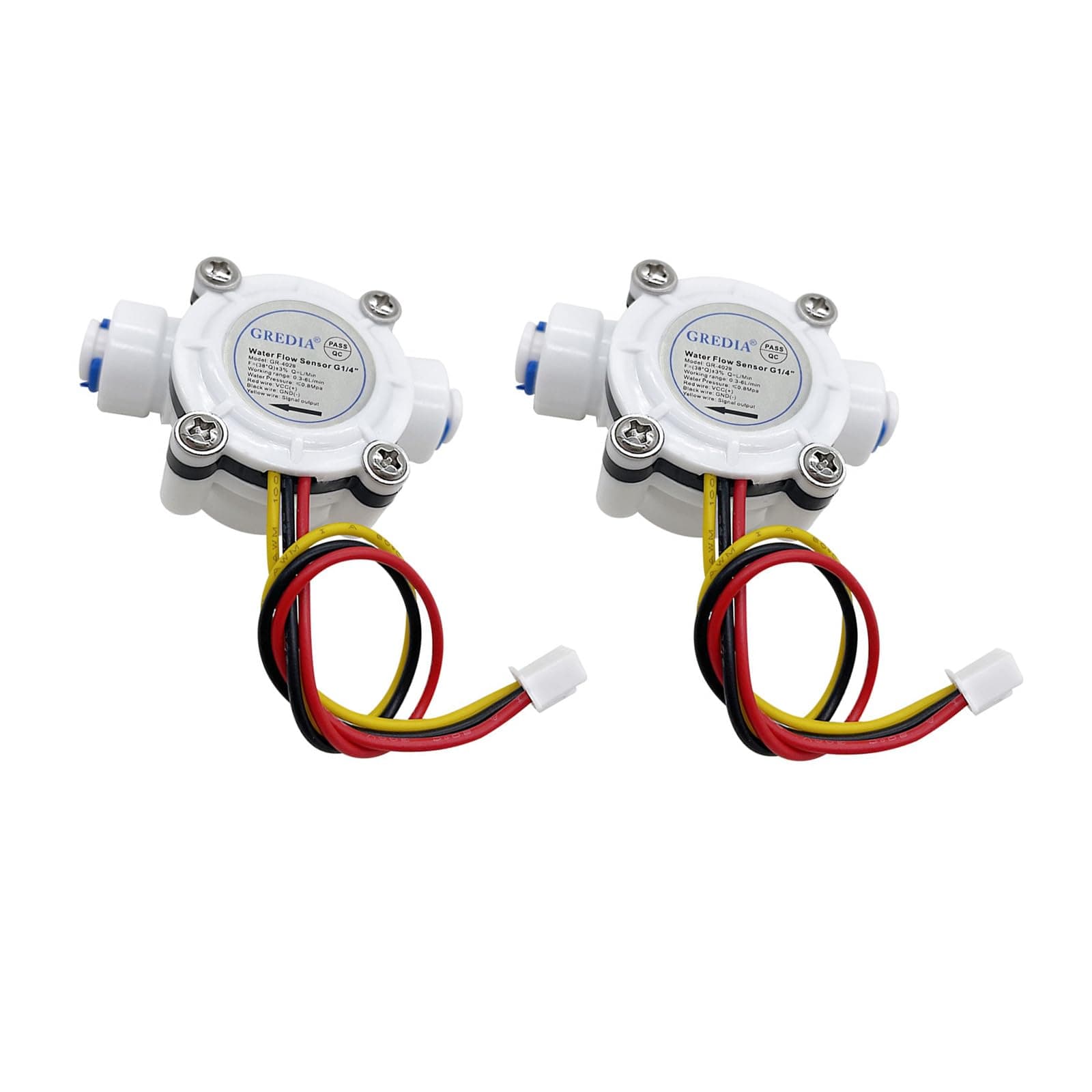 1/4" Quick Connect Water Flow Sensor Food-Grade Switch Hall Effect Flowmeter Fluid Meter Counter 0.3-6L/min (Pack of 2）