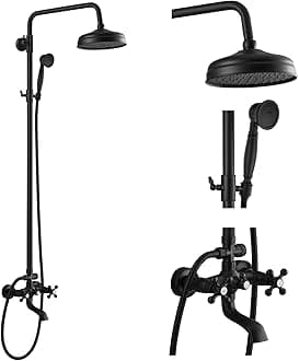 gotonovo Bathroom Shower Faucet Rain Mixer 8 Inch Round Shower Head Double Cross Handle with Tub Spout Wall Mount Bathroom Shower Fixtures 3 Function Metal Handheld Sprayer Matte Black