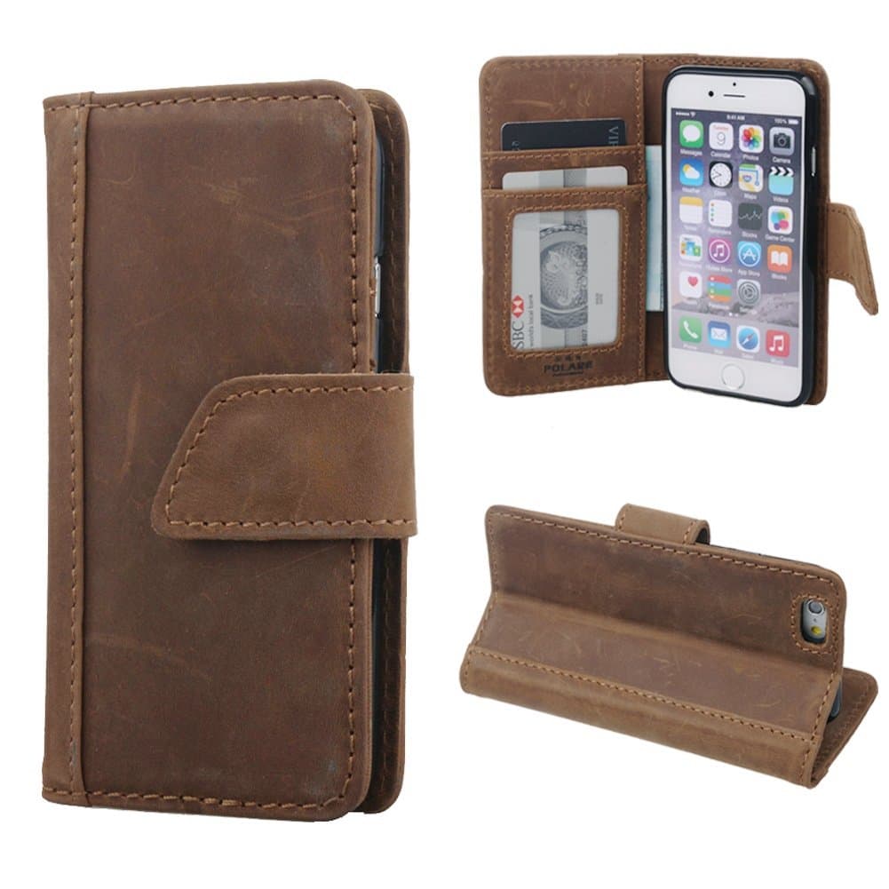 Polare Handmade Thick Real Natural Leather Case for Apple Iphone 6 Plus Book Wallet Cover