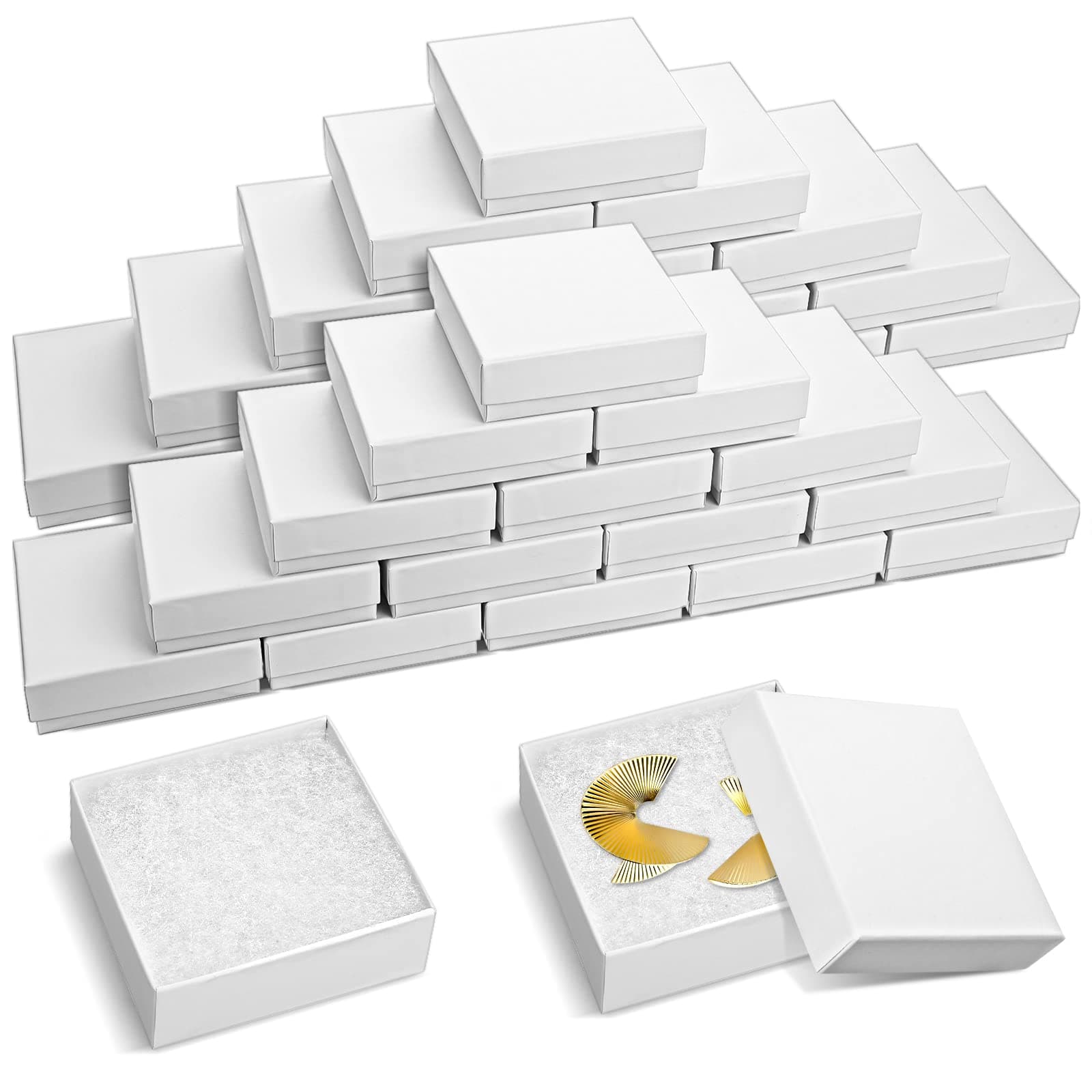 Meanplan 30 Pack Cotton Filled Jewelry Gift Boxes Bulk 3 1/2" x 3 1/2" x 1 1/5" White Cardboard Jewelry Gift Case for Necklace Bracelet Earring Gift Packing
