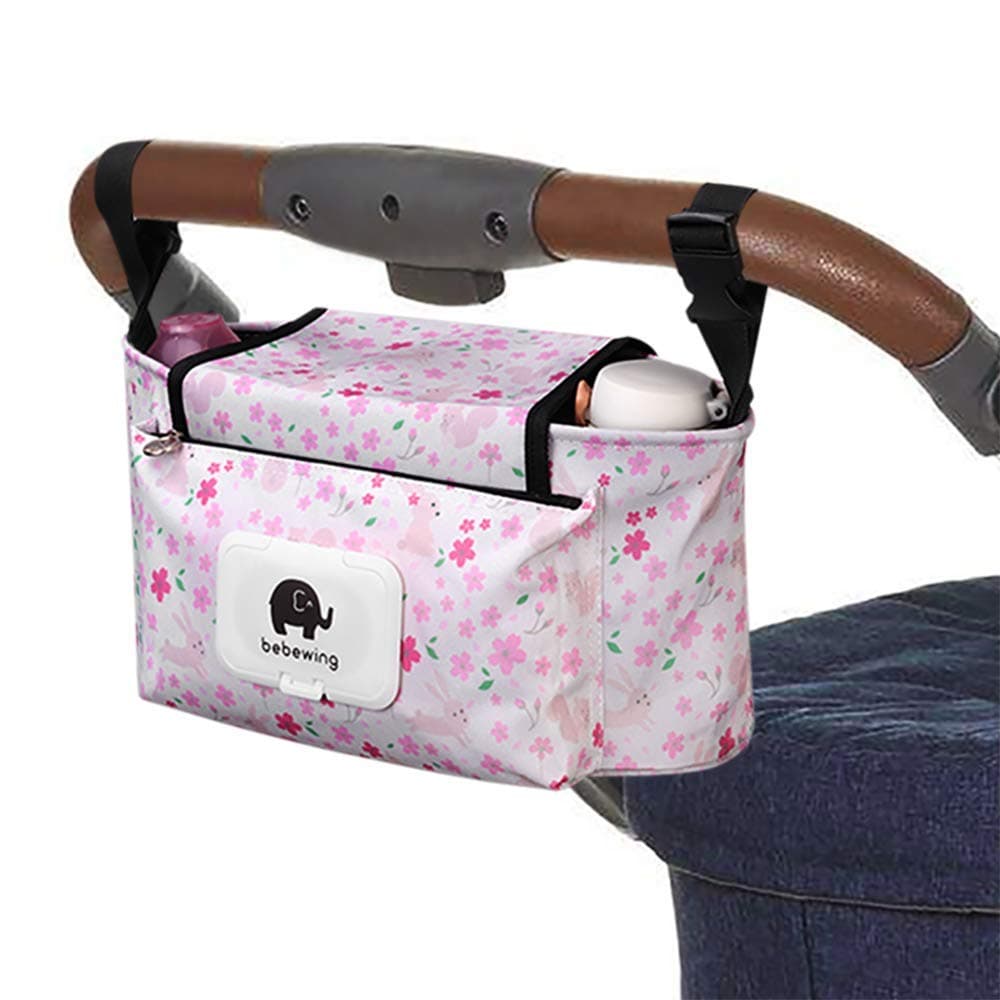 Baby Stroller Organizer Bag with Cup Holder Universal, Buggy Organizer Stroller Storage Diaper Bag Organizer for Prams, Pushchairs & Buggies, with Straps & Clips, Waterproof. (Pink)