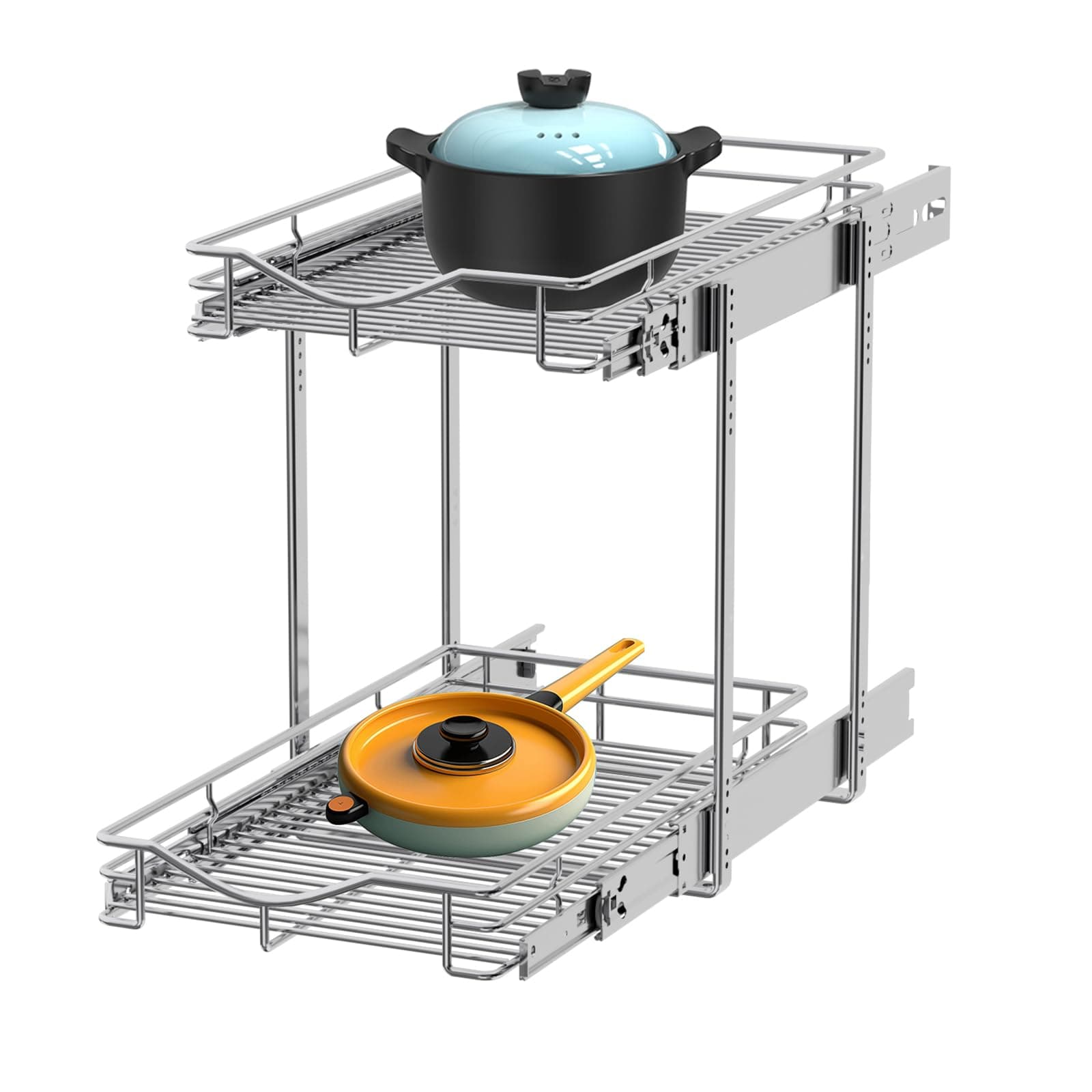 DINDON 2 Tier Pull Out Cabinet Organizer (11" W x 18" D) Heavy-Duty Metal Sliding Drawer Shelf, Two Tier Pull Out Shelves for Kitchen Cabinets, Pantry, Bathroom, Chrome Finish