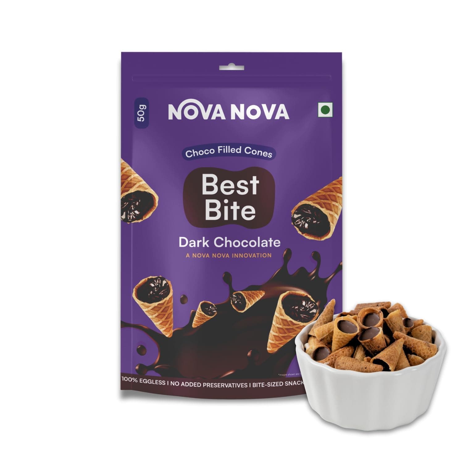 NOVA NOVA Best Bite Choco Filled Cones|Dark Chocolate - Pack Of 2|100% Eggles...