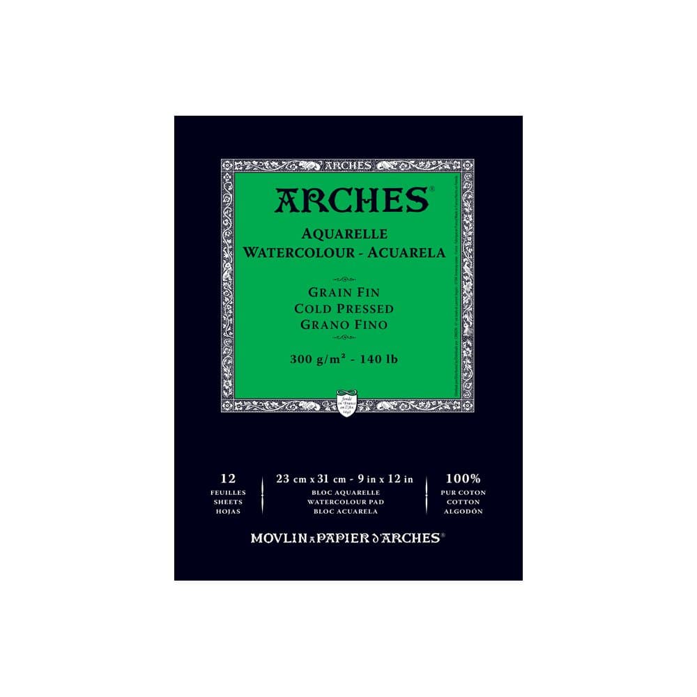 ARCHES 23 x 31 cm 300 GSM Cold Pressed Short Side Glued Pad Watercolour Paper - Natural White (Pack of 12 Sheets)