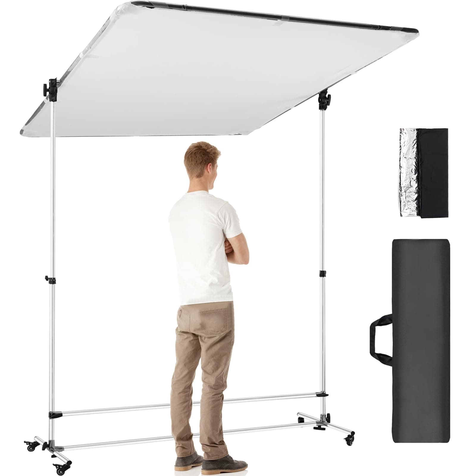 WELLMAKING79.5 x 59.5 inch Photography Light Diffuser with 360 Degree Rotatable Frame and 7-10 feet Height Adjustable Support Stand with Casters, for Photo Video Shooting,Translucent,Silver Black