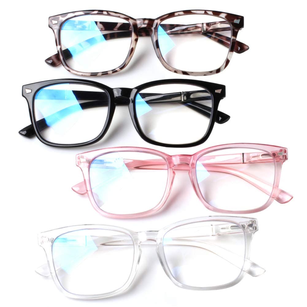 4-Pack Blue Light Blocking Reading Glasses Women Men,Spring Hinge Computer Readers,Anti UV Ray Square Nerd Eyeglasses (Mixed Color, 0.00, Diopters)
