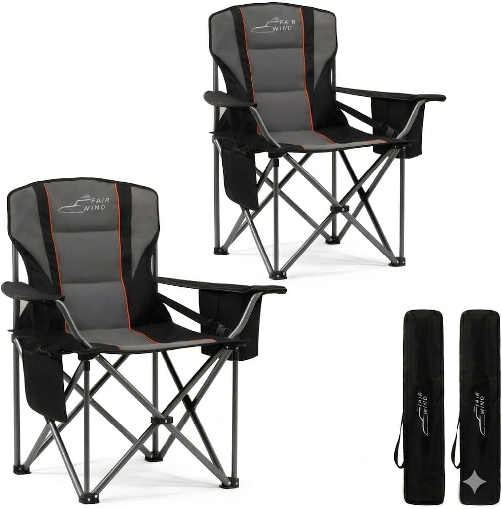 FAIR WIND 2 Pack Fully Padded Oversized Camping Chair 500LBS Capacity Heavy Duty Folding Chair for Heavy People with Adjustable Lumbar Support, Cooler Bag & Cup Holder for Outdoor, Beach