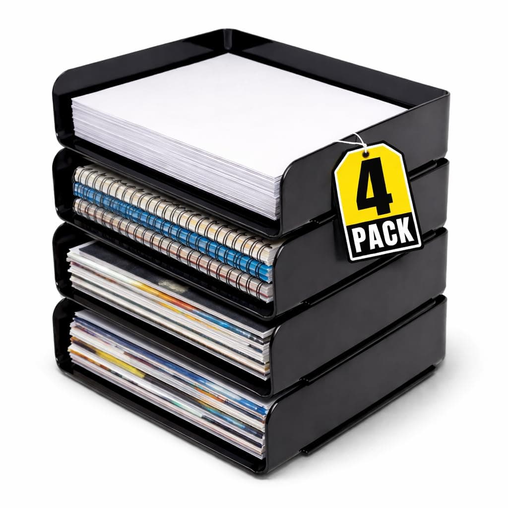 1InTheOffice Stackable Paper Tray Organizer, Plastic Letter Tray, Office Desk Tray, Black (4Pack)