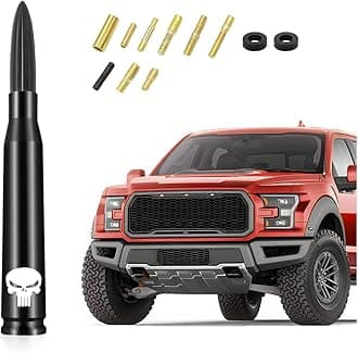 Car Truck Bullet Antenna, 5.5"x0.8" Replacement Short Antenna Mast with Screws Adapter, Skull Design AM/FM Radio Antenna, Automobile Exterior Accessories for Pickup, SUV, Vehicles (Black)