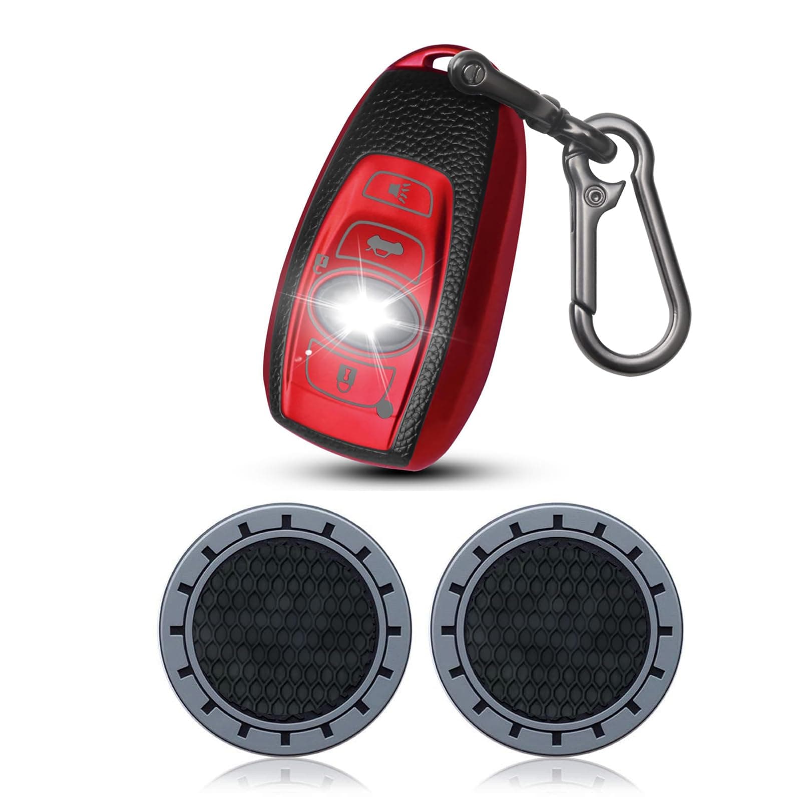 Key Fob Cover with Key Ring, includes Car Cup Holder Coaster (Compatible with Subaru)