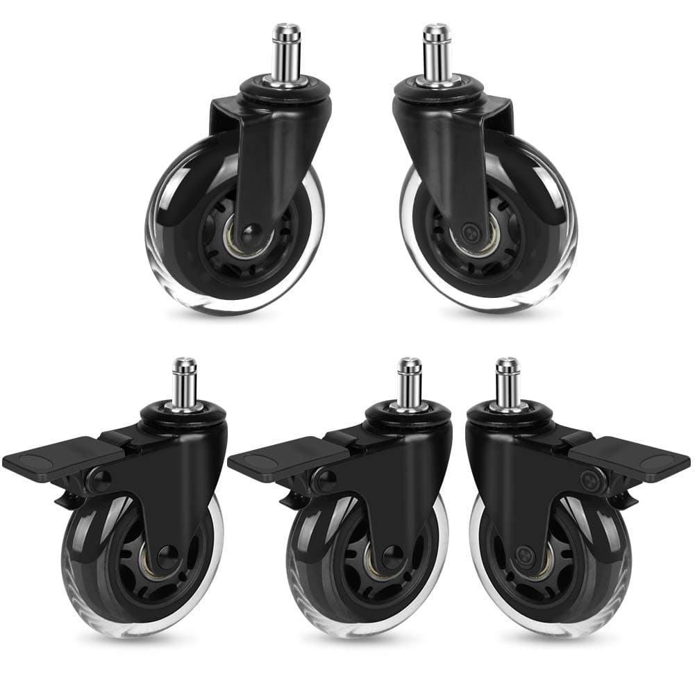 5 Pack Chair Casters (3 with Brakes, 2 Without), 3" Lockable Heavy Duty Swivel Caster Replacements Universal Stem 7/16" x 7/8" for Office Home Chairs