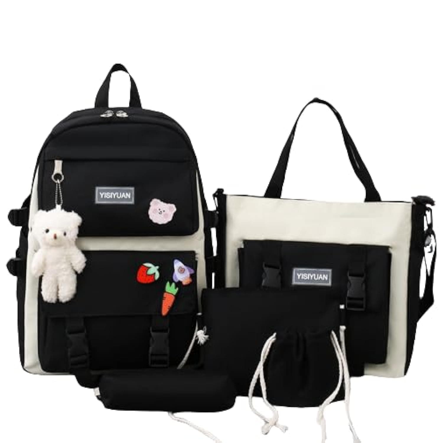 5PCS School Backpacks Combo Set with Bear Pendant Back to School Supplies Cute Schoolbag Lunch Bag Pencil Case Shoulder Bag Travel Bag Gifts for Girls Black, One Size