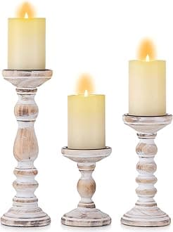 Candle Holder for Pillar Candles: Romadedi Set of 3 Decorative Wood Candlestick Holders, Rustic Wooden Candle Stand for Fireplace Mantle End Table Shelf in Farmhouse Style, Whitewashed 15/21/30cm