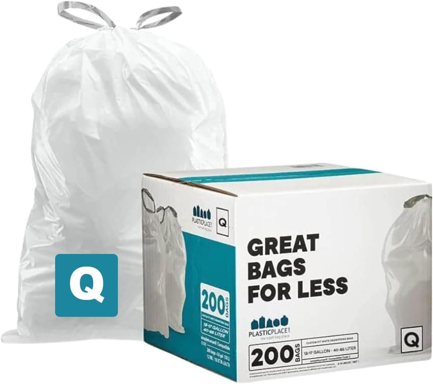Custom Fit Trash Bags Compatible with simplehuman Code Q (200 Count) Drawstring Garbage Bags 13-17 Gallon White, Tear-Resistant Tall Kitchen Trash Bags for Garbage Cans Recycling 1.2 Mil