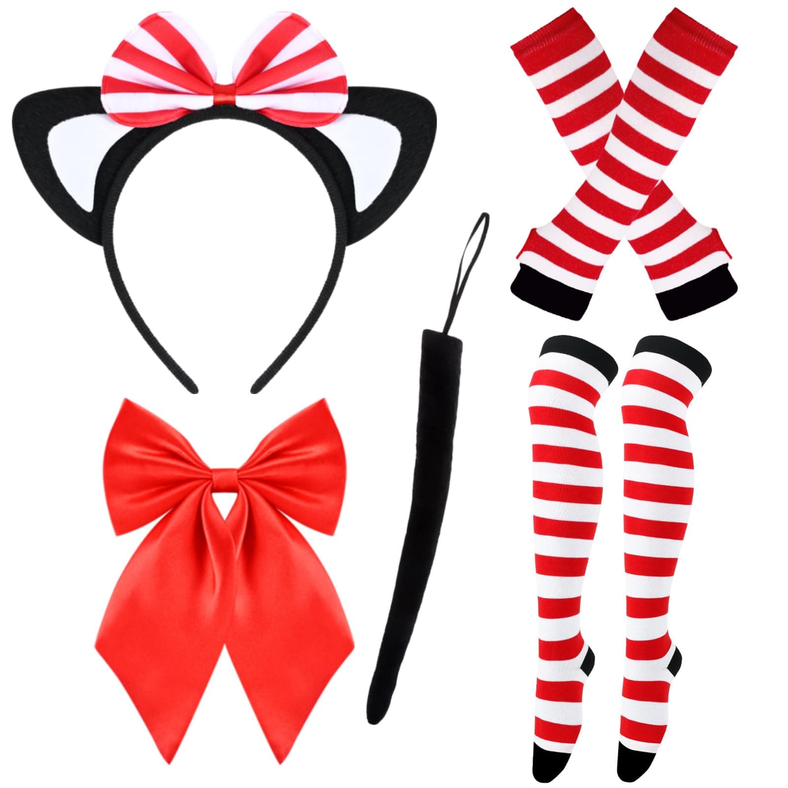 Matiniy5 PCS Cat Costume Set Include Cat Headband Bow Tail Gloves Knee Socks Tie for Women Girls Halloween Cosplay