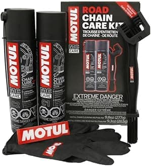 Motul C1 Chain Cleaner and C2 Motorcycle Chain Lube Kit with Brush, Gloves, and Sticker, Complete Road Motorcycle Maintenance Kit for Street Bikes and Karts