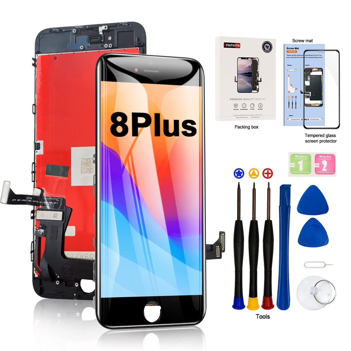 EFAITHFIX for iPhone 8 Plus LCD Screen Replacement Black 5.5 Inch Frame Assembly LCD Display 3D Touch Screen Digitizer with Repair Tools Kit Tempered Glass Screen Protector for A1864, A1897, A1898