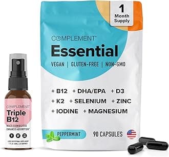 Complement Essential Vegan Multivitamin (30 Servings, 90 Capsules) & Triple B12 Spray (60 Servings) Bundle - Omega 3, Vitamin D3 K2, Zinc, Magnesium & Raspberry - Energy, Immune Support