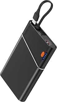 Aaoyun Portable Charger Power Bank, 10000mAh 22.5W PD Fast Charging Powerbank with Built-in USB C Cable, Slim External Phone Battery Pack for iPhone 17/16/15 Samsung S24 Android etc (Black)