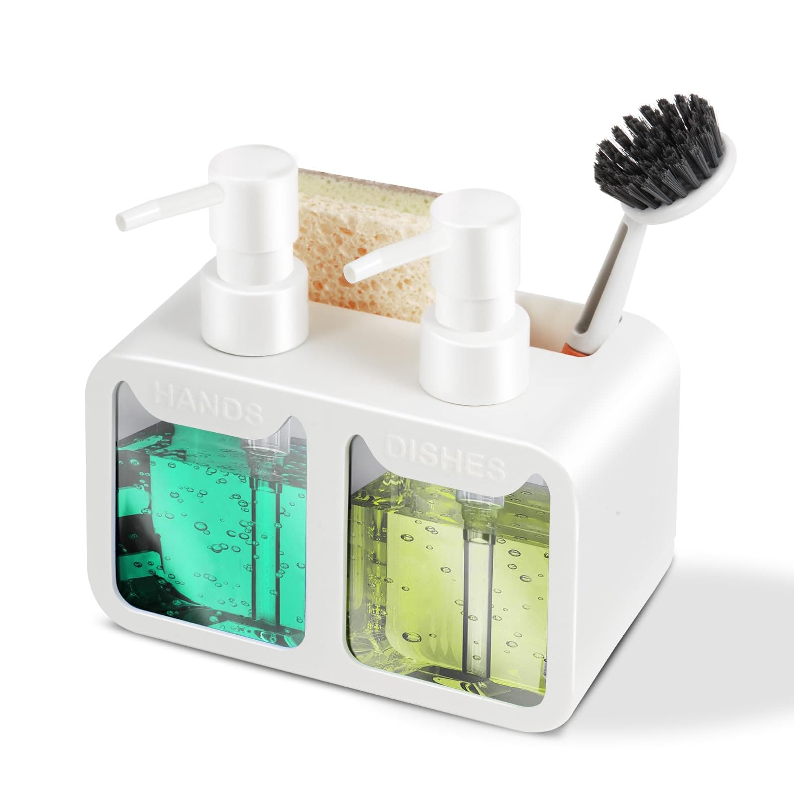 Kitchen Soap Dispenser Set, with Hand and Dish Soap, Sponge Caddy and Brush Holder 4-in-1 Kitchen Dual Soap Dispenser Set for Kitchen Sink, Bathroom - White