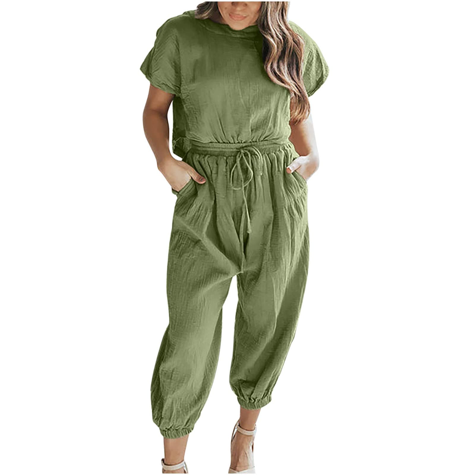 Linen Sets for Women 2 Piece Beach Vacation Solid Cotton Linen Tracksuits Summer Casual Short Sleeve Basic Top Drawstring
