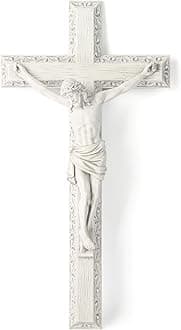BC Catholic Crucifix Wall Cross, 12" H Jesus Christ Wall Decor for Elegant Modern Home, Devout Gift for Easter, Religious Gifts Home Decor, Grey White Stone Finish, Hand Painted by Buildclassic