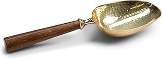 Hammered Bowl Design - Smooth Wooden handle - Gold Tone/Brown 8 x 2.5 Inch Stainless Steel Multipurpose Ice Cube Scoop