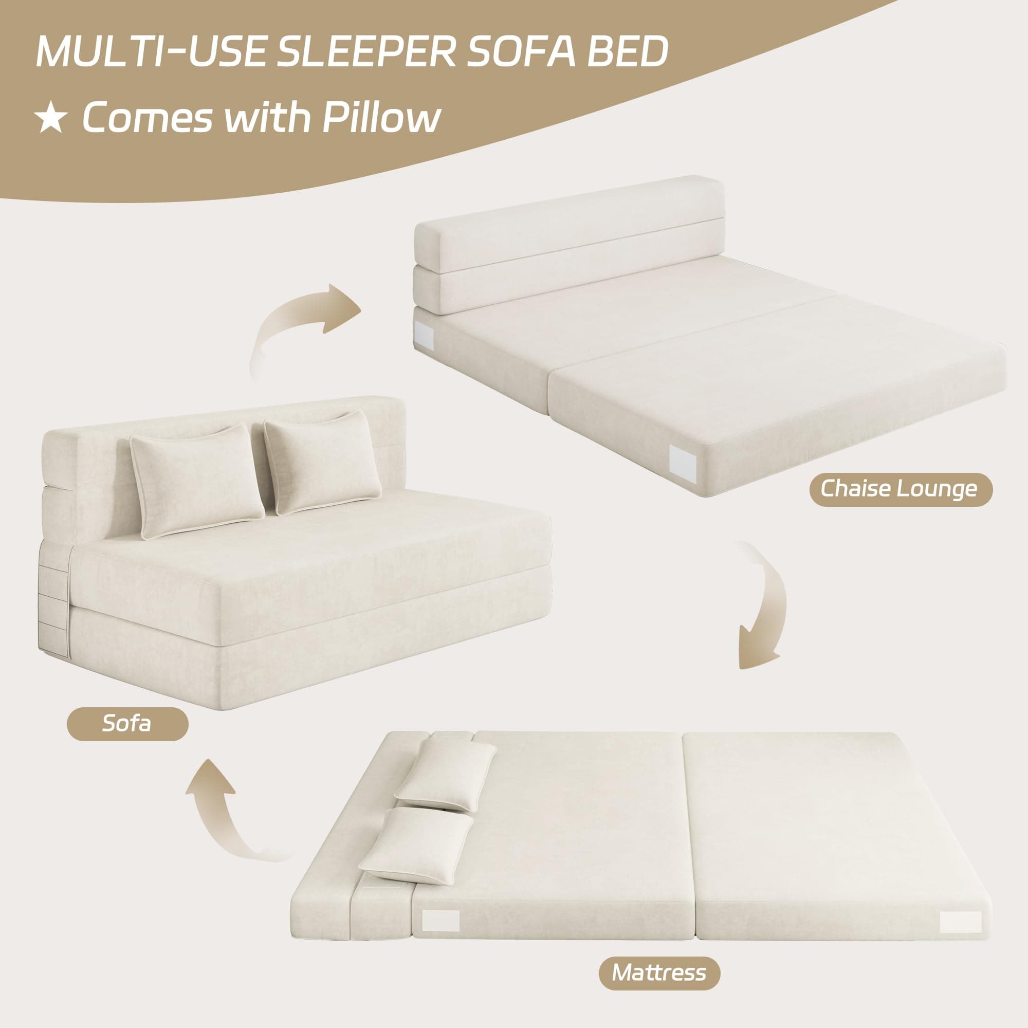 Luoxiao Folding Sofa Bed, Foldable Full Lazy Floor Couch for Adults with Pillows, Portable Convertible Futon Sleeper Chair for Small Space/Guest Room, Washable Cover, High-Density Foam, Beige