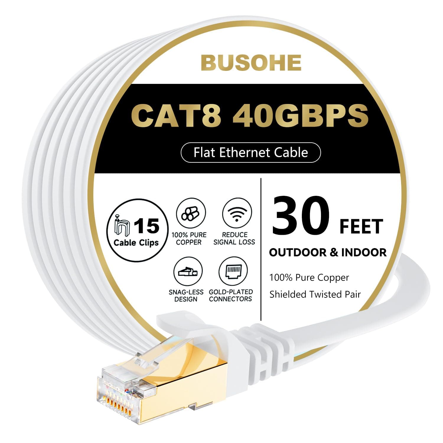 BUSOHE Cat 8 Ethernet Cable 30 FT, 40Gbps 2000Mhz High Speed Flat Cat8 Cable Patch Cord with Gold-Plated RJ45 Connector, LAN Network Internet Cable with 15 Clips for Router/Gaming/Computer, S/FTP