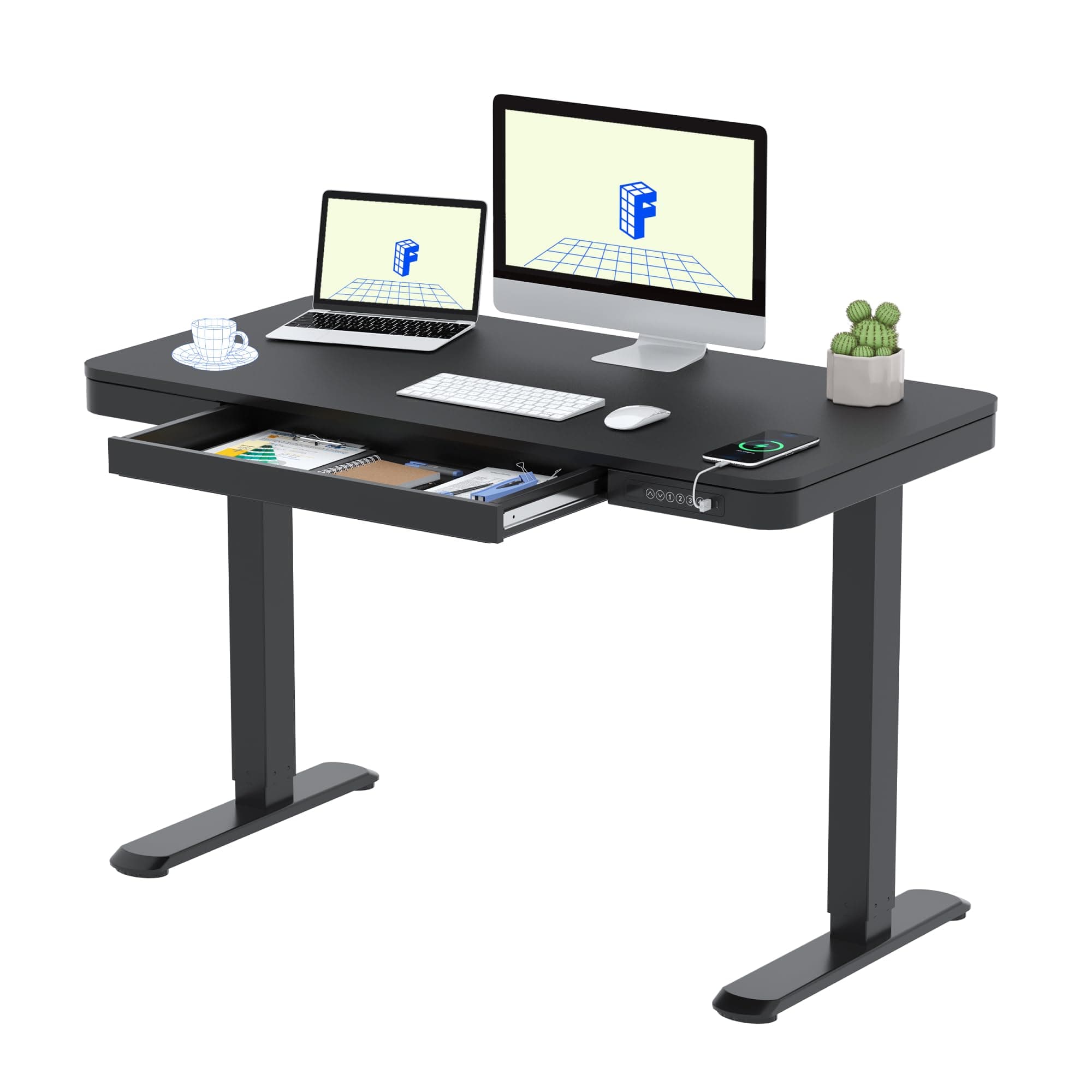 FLEXISPOT Q3 Standing Desk, Home Office Electric Height Adjustable Sit-Stand Desk with Drawer & Fast USB Chargers (Black, 120 * 60 cm)