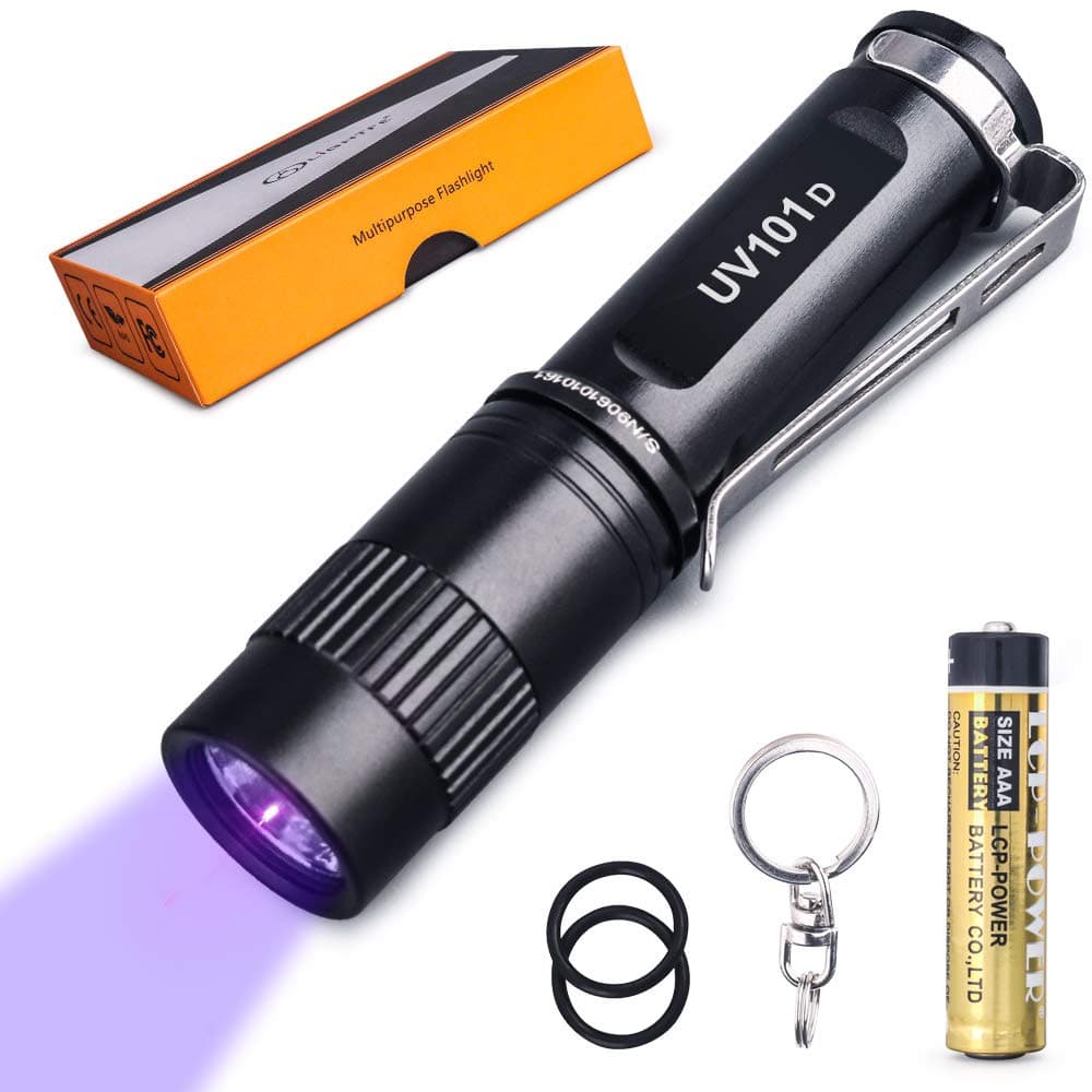 LIGHTFE UV101 365nm Flashlight LED Purple Light Identification Handheld Black UV Torch AAA Battery for Glue, Pet Urine, Counterfeit Money, Resin… (LED-UV101-365nm)